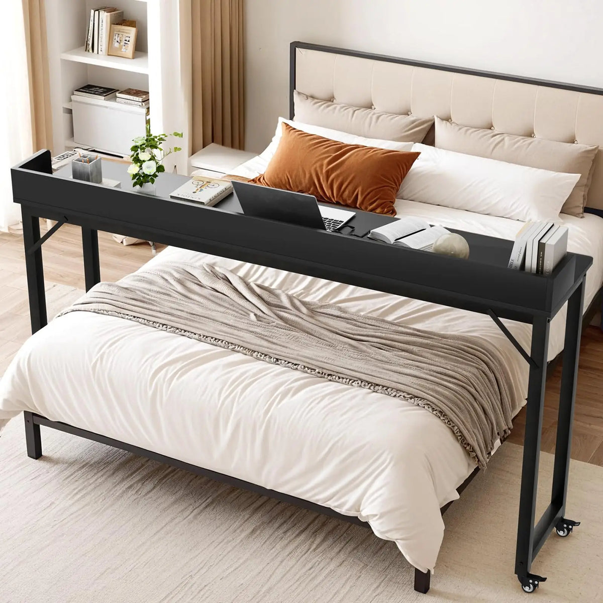 Overbed Table with Wheels,Queen Full Size Mobile Computer Desk,Standing Laptop Cart,Over Bed Table with Heavy Duty Metal Leg,16D x 71W x 41H inch,for Bedroom