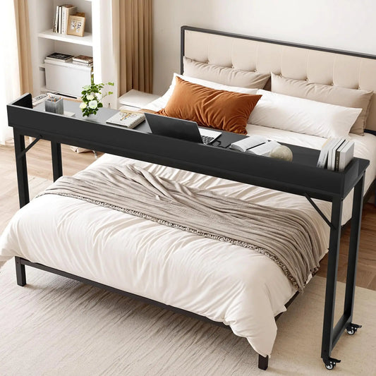 Overbed Table with Wheels,Queen Full Size Mobile Computer Desk,Standing Laptop Cart,Over Bed Table with Heavy Duty Metal Leg,16D x 71W x 41H inch,for Bedroom