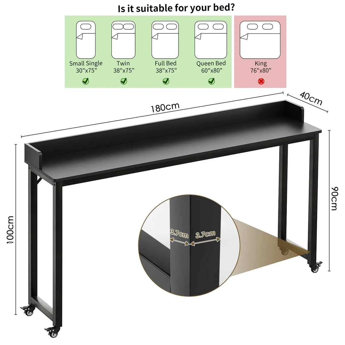 Overbed Table with Wheels,Queen Full Size Mobile Computer Desk,Standing Laptop Cart,Over Bed Table with Heavy Duty Metal Leg,16D x 71W x 41H inch,for Bedroom
