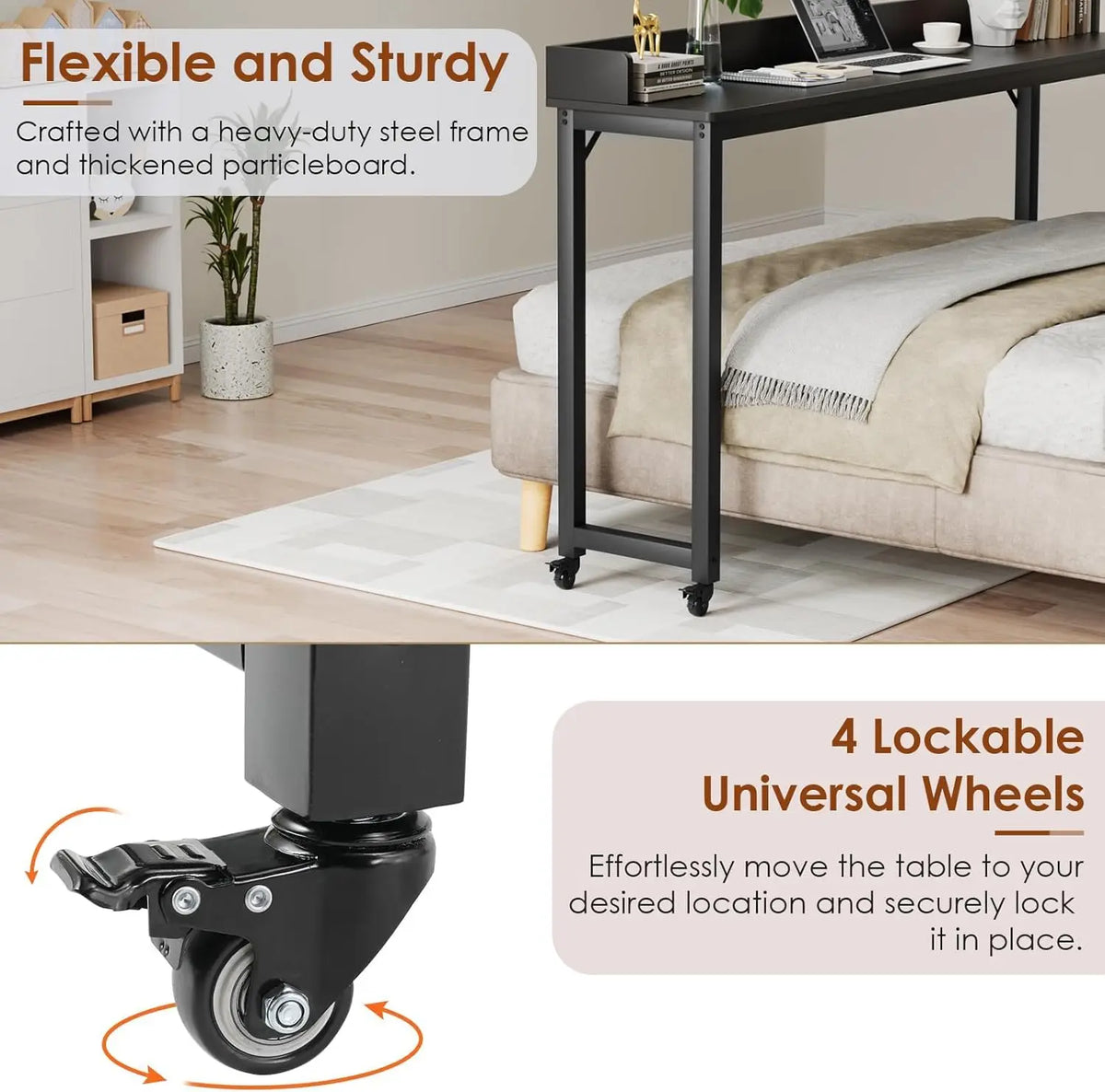 Overbed Table with Wheels,Queen Full Size Mobile Computer Desk,Standing Laptop Cart,Over Bed Table with Heavy Duty Metal Leg,16D x 71W x 41H inch,for Bedroom