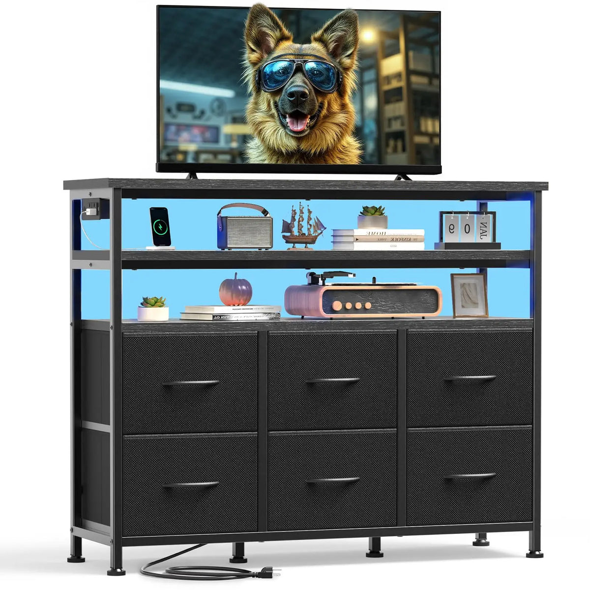 JHK Modern TV Stand Featuring Six Fabric Drawers For Storage