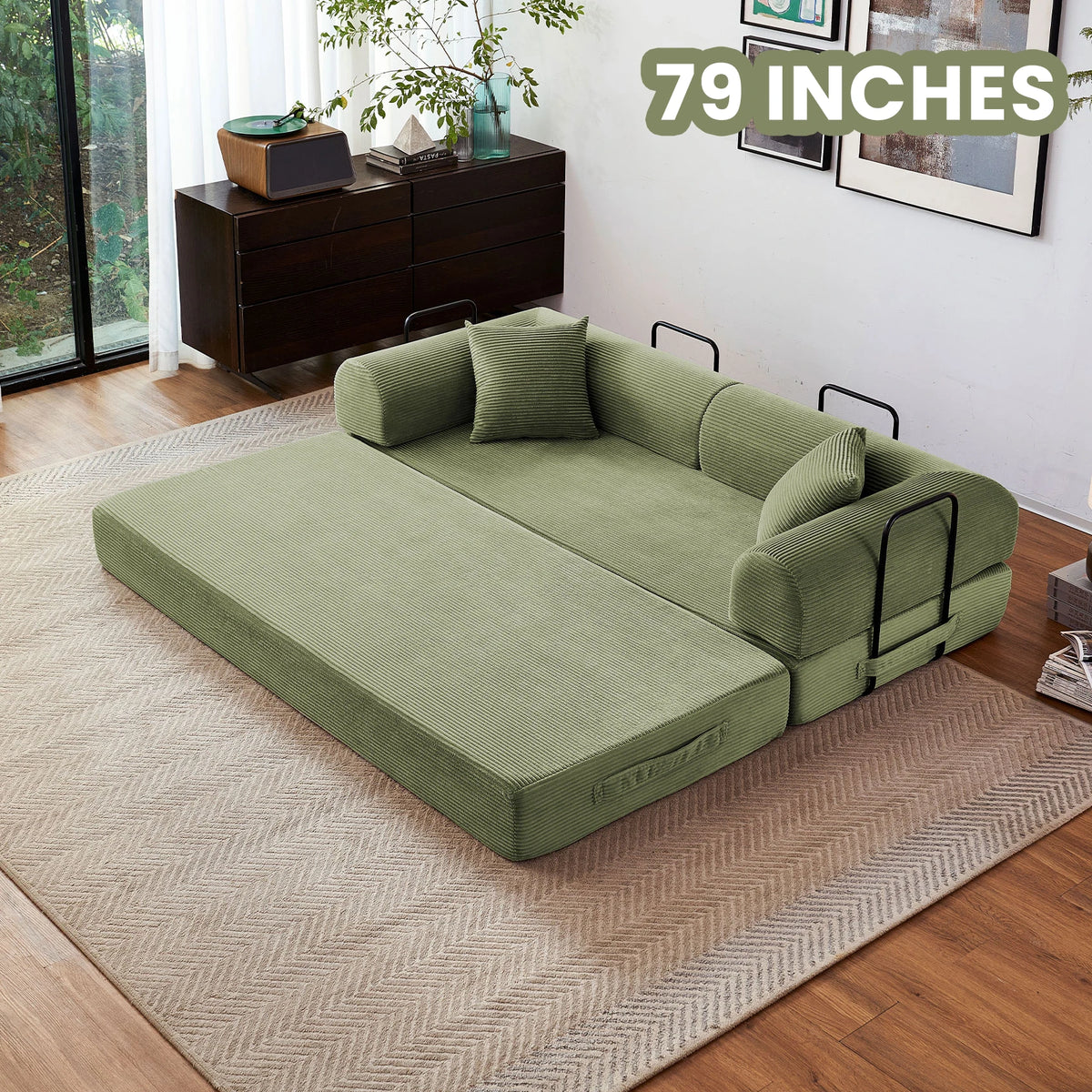 Modern Foldable Convertible Futon Sleeper Sofa With L Shaped Armrests