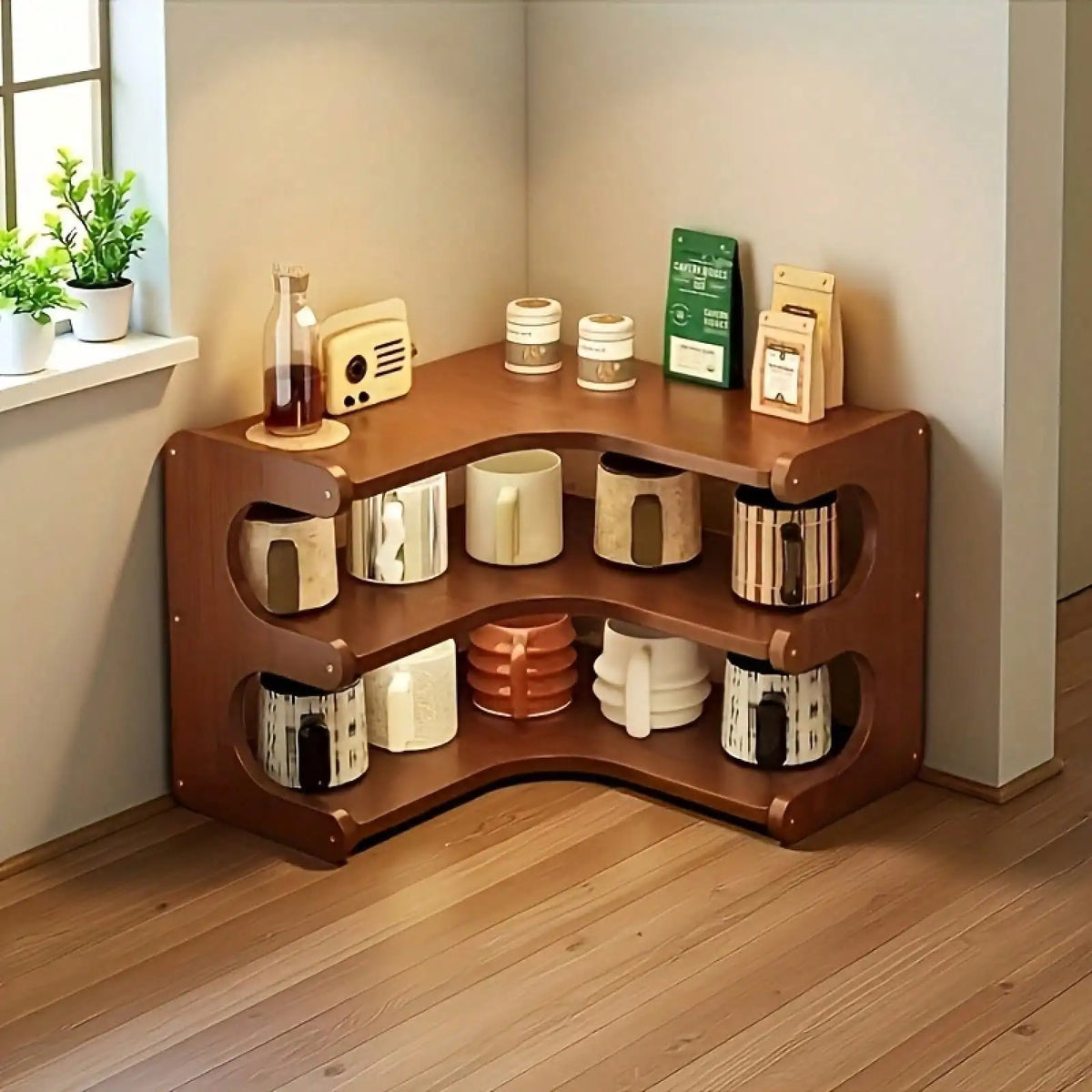 Freestanding Wood Corner Organizer Shelf Multi Tier Storage Rack