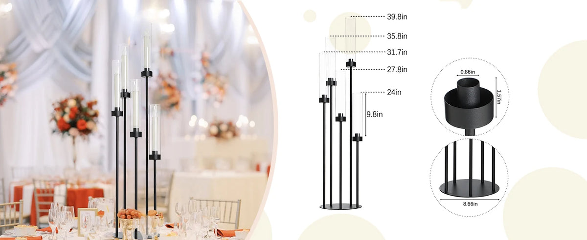 2PCS 39.8" Tall Matte Black Candelabra, 5 Arm Candle Holder with Acrylic Lampshade for Wedding Centerpiece Living Room Dining Room Fireplace Decor Gift