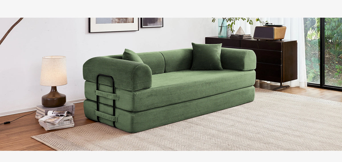 Modern Foldable Convertible Futon Sleeper Sofa With L Shaped Armrests