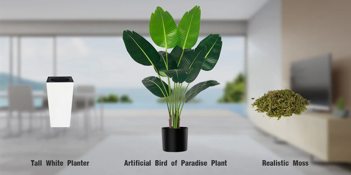 125cm Bird of Paradise Artificial Plant 5FT - Faux Tropical Palm Tree with White Tall Planter - Fake Floor Plant Potted - Artificial Silk Tree for Home Office Living Room Decor Indoor