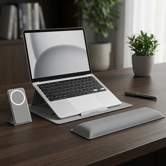 Module Master Magnetic Foldable Laptop Stand for 17" Laptop Ergonomic Adjustable Portable Laptop Riser Dual Mode Lap Desk with Magnetic Phone Stand Fiberglass Steel Base for Travel Office