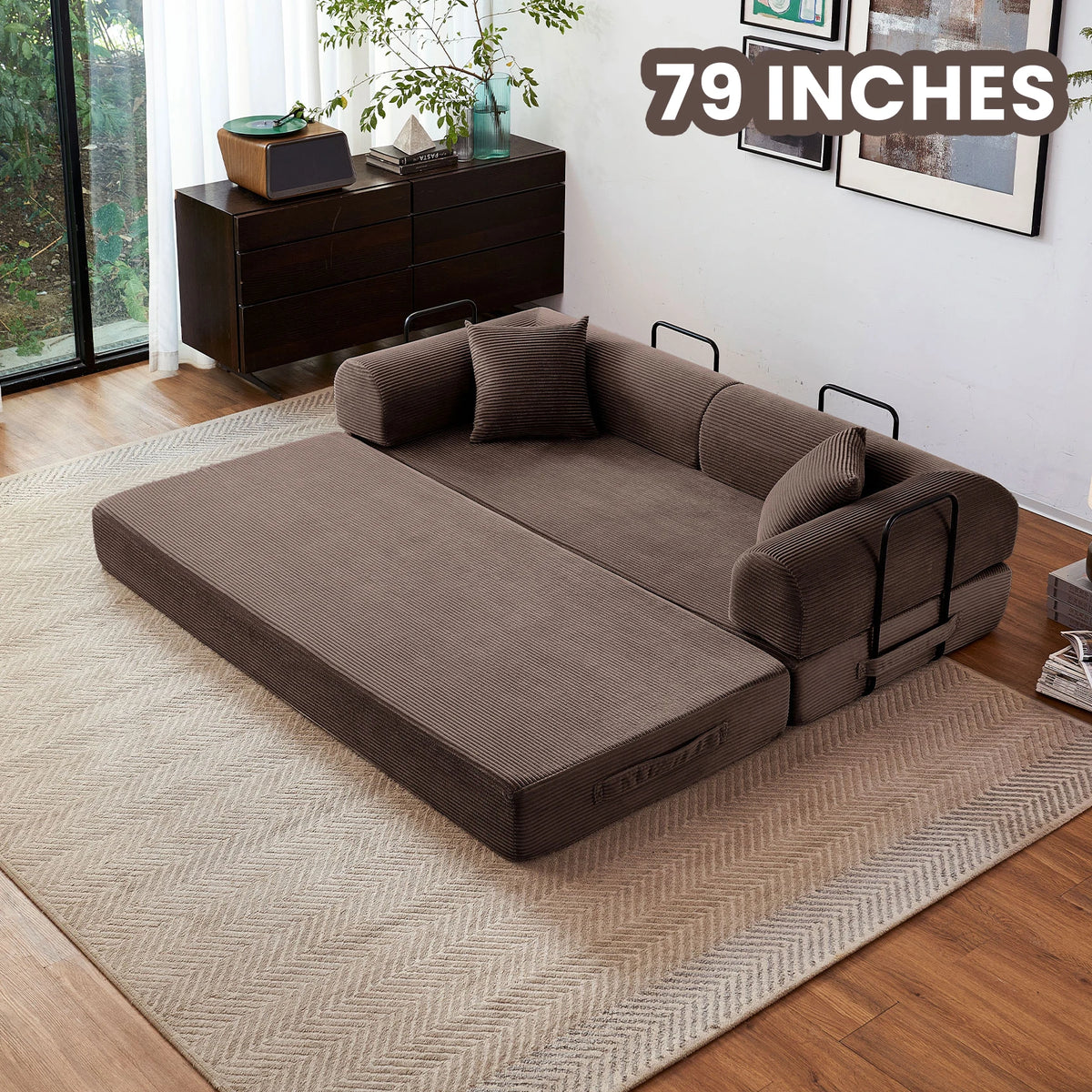 Modern Foldable Convertible Futon Sleeper Sofa With L Shaped Armrests