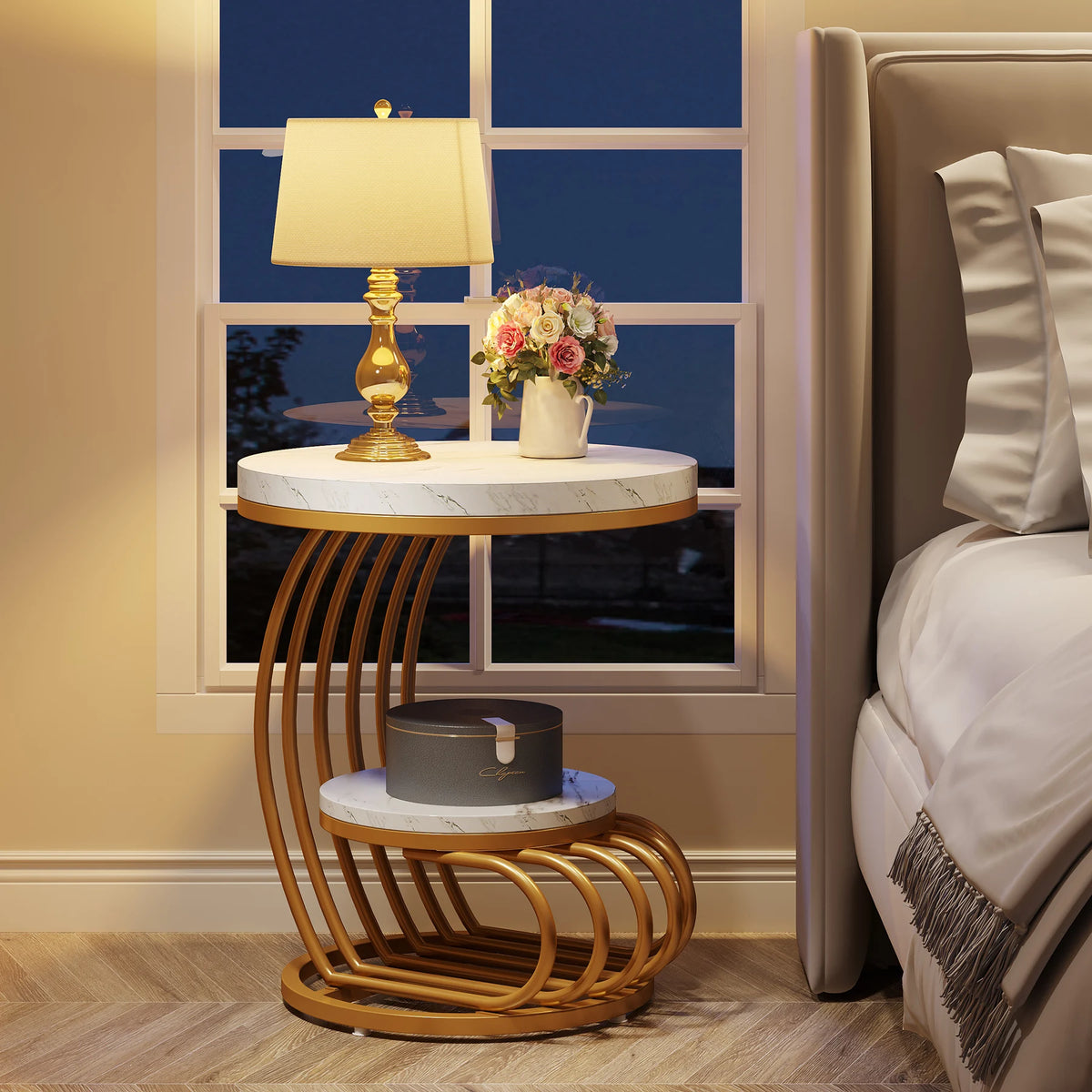 Tribesigns Modern Round End Table With Faux Marble Storage Shelf