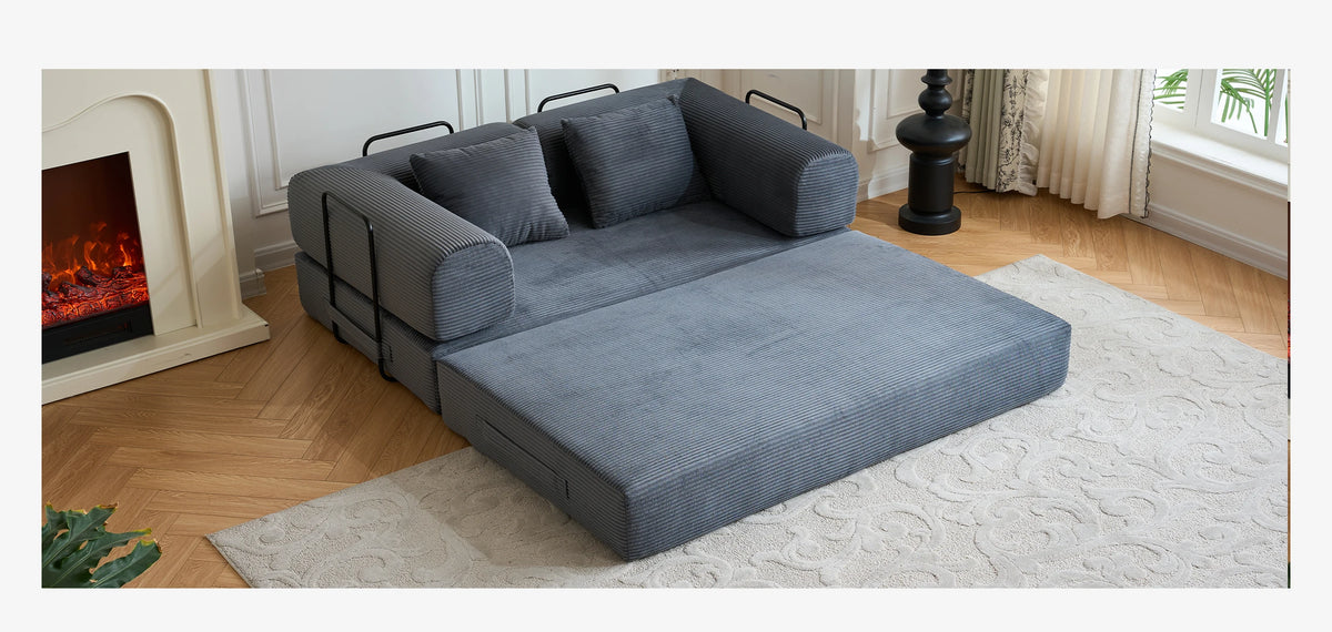 Modern Foldable Convertible Futon Sleeper Sofa With L Shaped Armrests