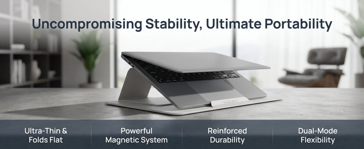 Module Master Magnetic Foldable Laptop Stand for 17" Laptop Ergonomic Adjustable Portable Laptop Riser Dual Mode Lap Desk with Magnetic Phone Stand Fiberglass Steel Base for Travel Office