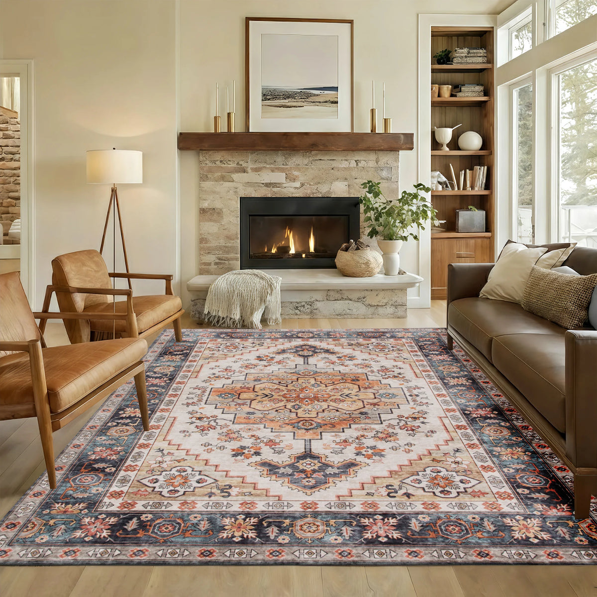 Machine Washable Area Rug, 4'x6' Vintage Oriental Medallion Distressed Rugs Soft Printed Floor Mat, Tawny Brown