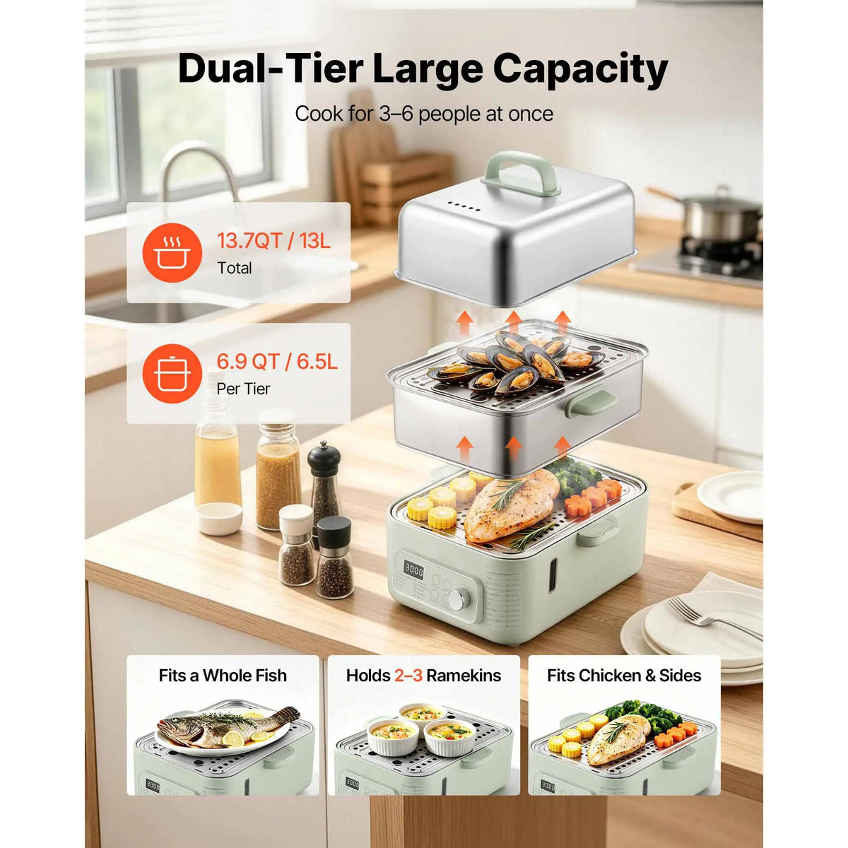 Electric Food Steamer With Two Tiers And Nine Cooking Programs