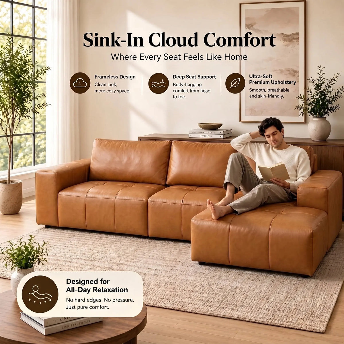 Cloud Sectional Sofa With Chaise And Faux Leather Couch