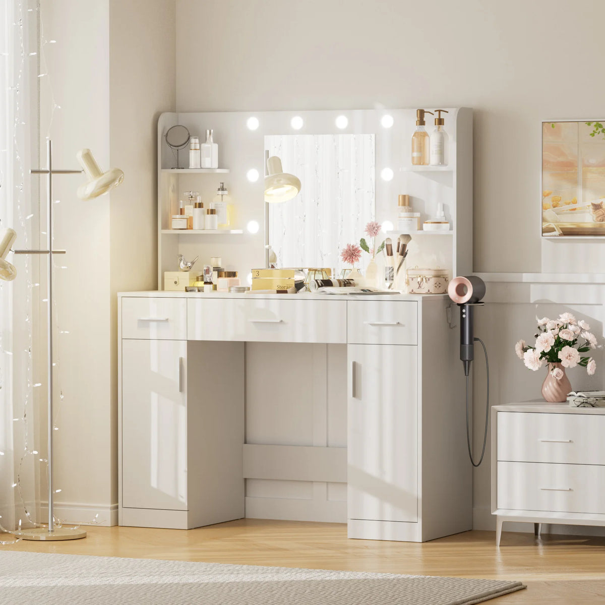 JHK Desser For Bedroom Vanity Desk with Mirror and Lights Adjustable Brightness with 2 Storage Cabinets 3 Drawers 6 Shelves