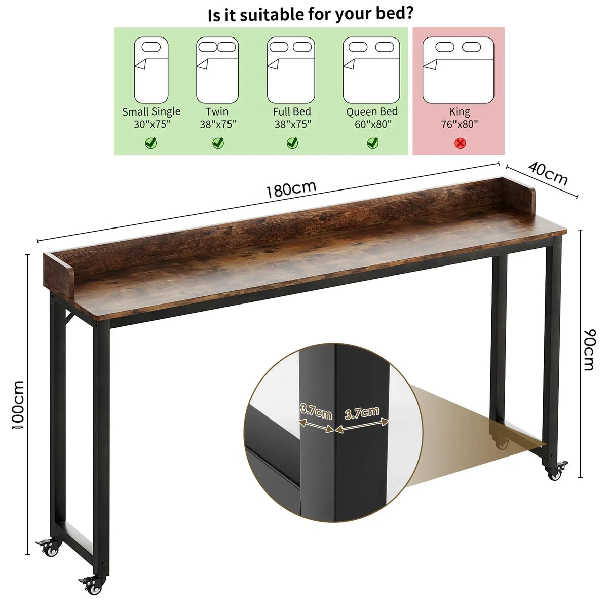 Overbed Table with Wheels,Queen Full Size Mobile Computer Desk,Standing Laptop Cart,Over Bed Table with Heavy Duty Metal Leg,16D x 71W x 41H inch,for Bedroom