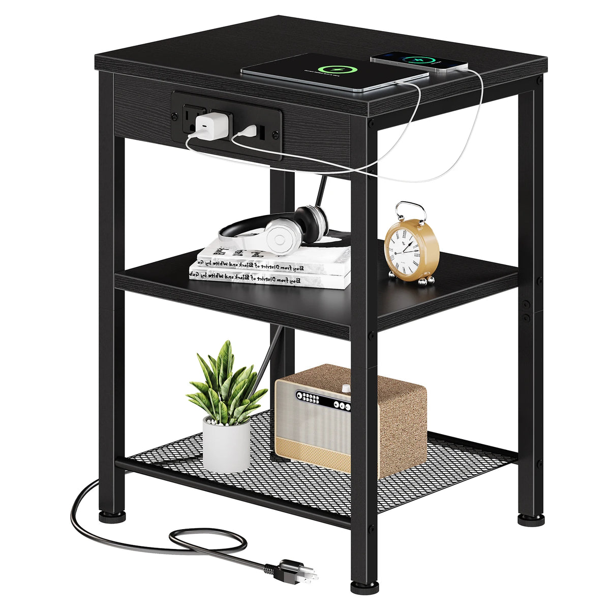 JHK Three Tier Side Table With Charging Station USB Ports