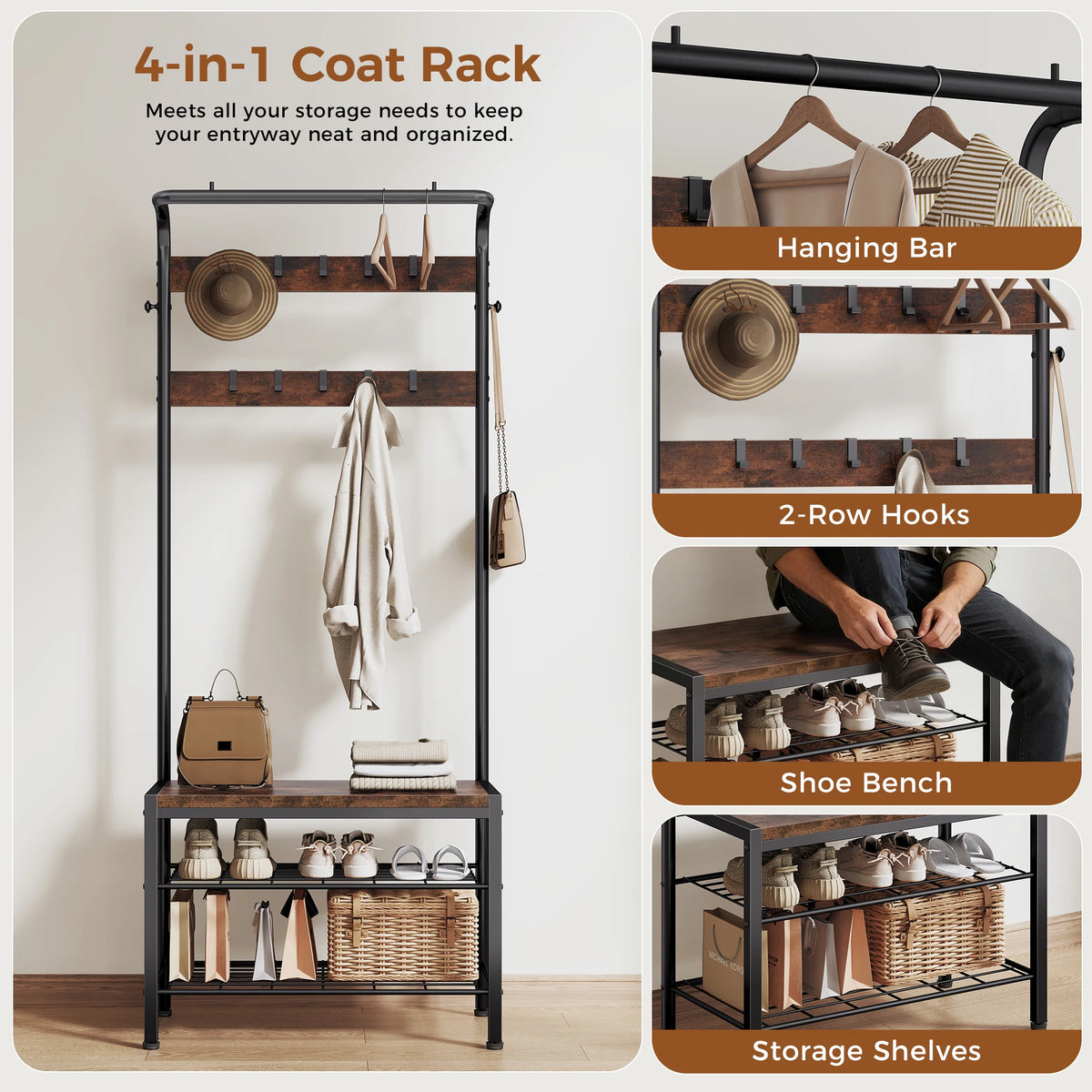 JHK Entryway Coat Rack Bench With Shoe Storage Organizer