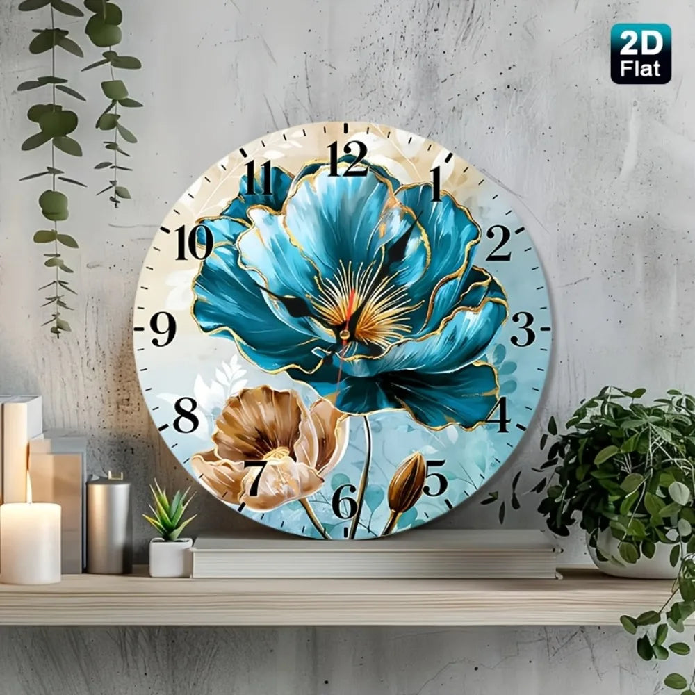 1pc Teal & Golden Botanical Wall Clock - Wood Round Nursery Clock Suitable for Nursery, Dining Room, Office Decor, Minimalist Sh
