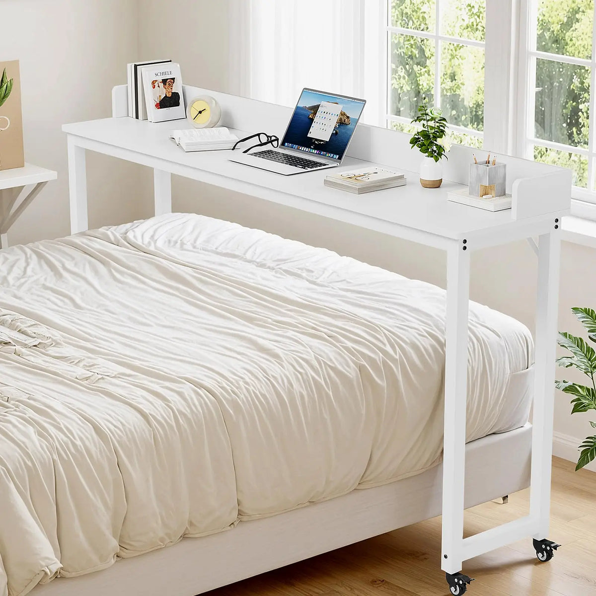 Overbed Table with Wheels,Queen Full Size Mobile Computer Desk,Standing Laptop Cart,Over Bed Table with Heavy Duty Metal Leg,16D x 71W x 41H inch,for Bedroom