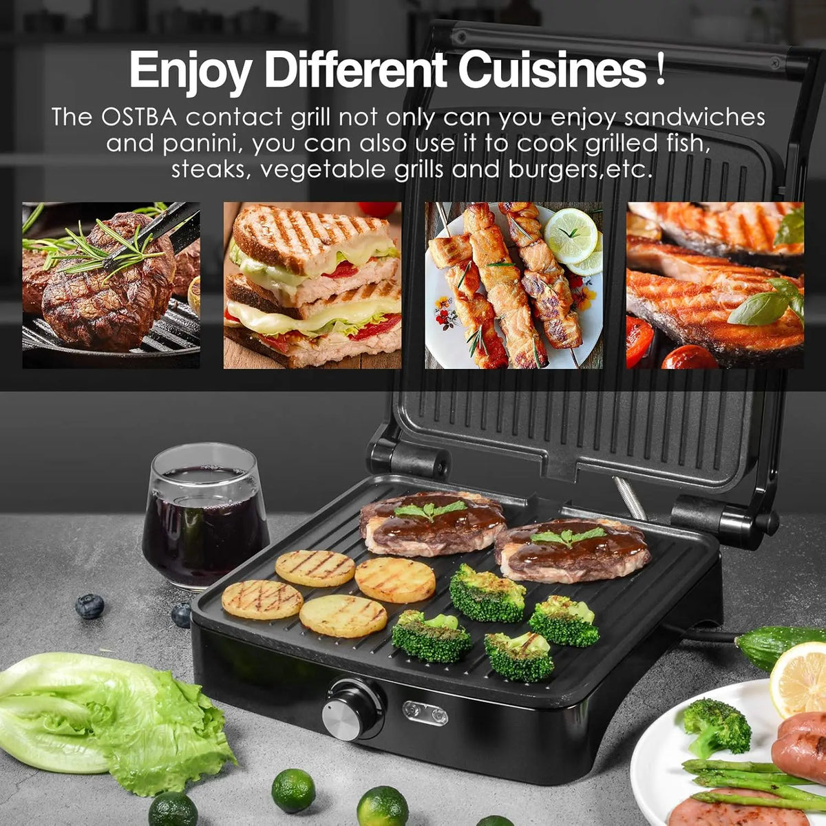 OSTBA Panini Press Grill With Adjustable Temperature And Drip Tray