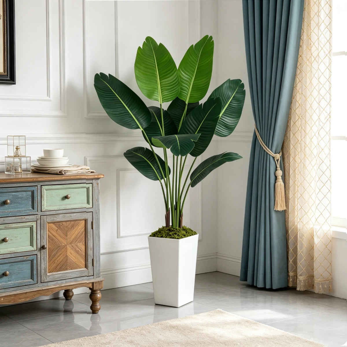 125cm Bird of Paradise Artificial Plant 5FT - Faux Tropical Palm Tree with White Tall Planter - Fake Floor Plant Potted - Artificial Silk Tree for Home Office Living Room Decor Indoor