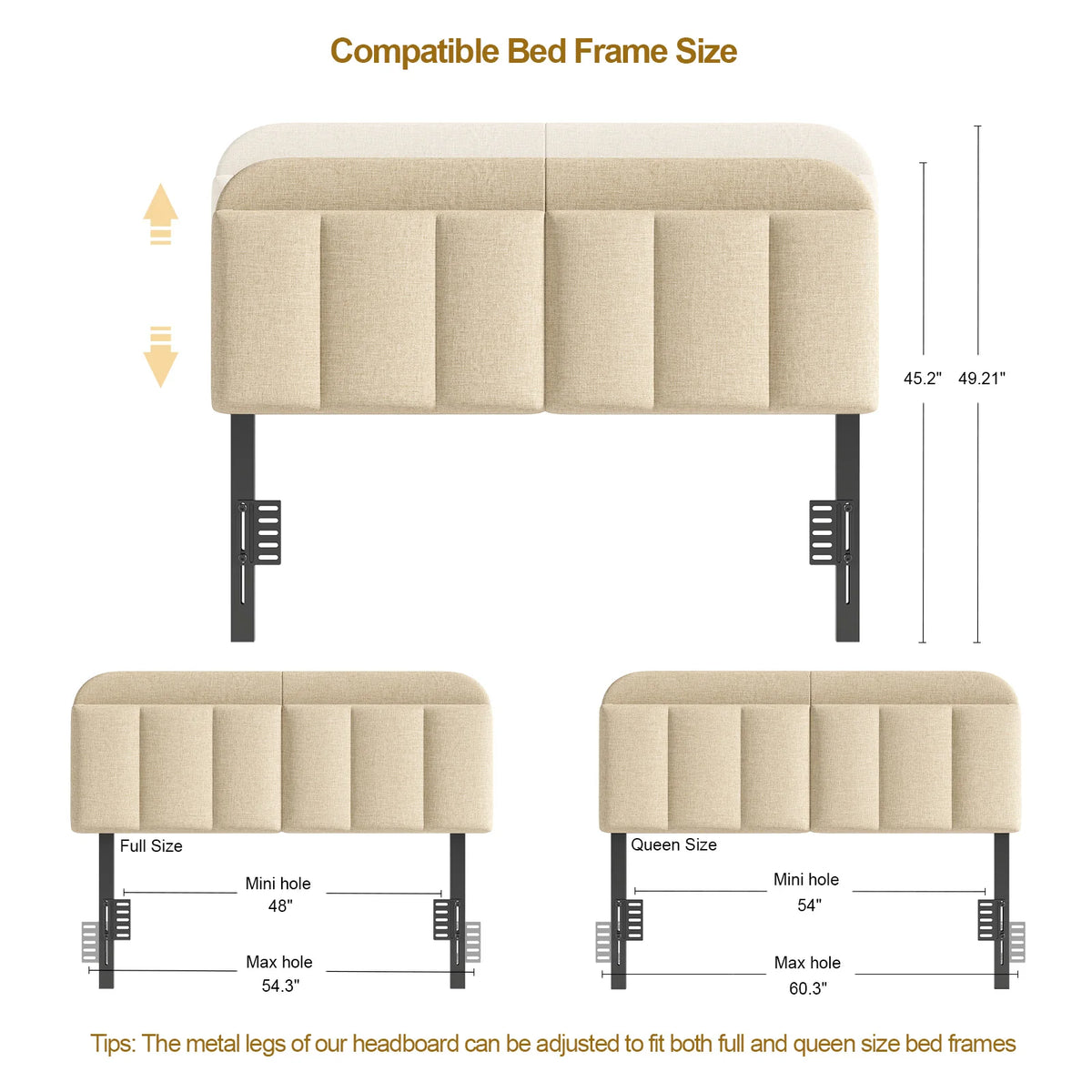 Adjustable Headboard for Full King Size Bed Frame,Linen Fabric Bed Headboard Storage & RGB LED Light in Vertical Channel Design