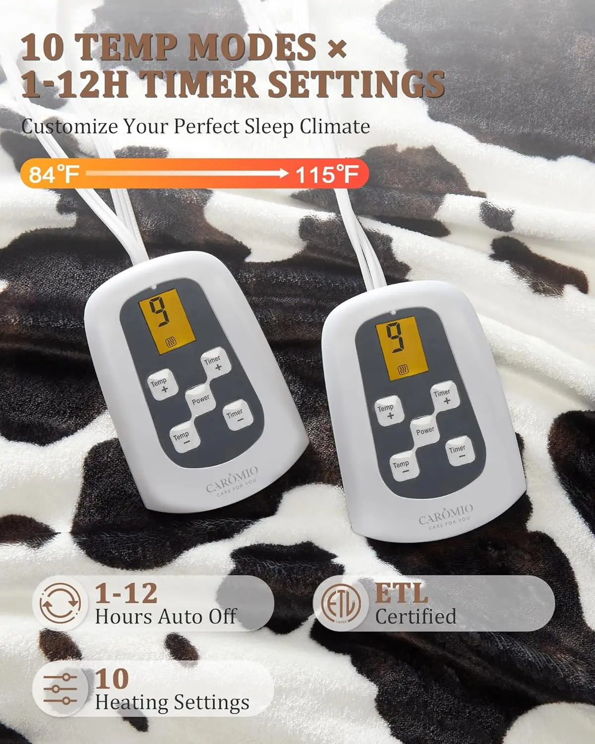 HiMISS Cow Print Heated Electric Blanket With LCD Controller
