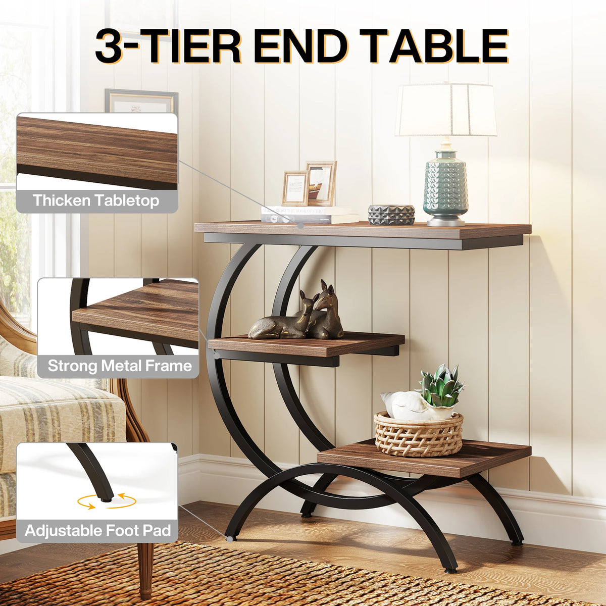 Tribesigns C-Shaped Industrial End Table With Three Storage Shelves