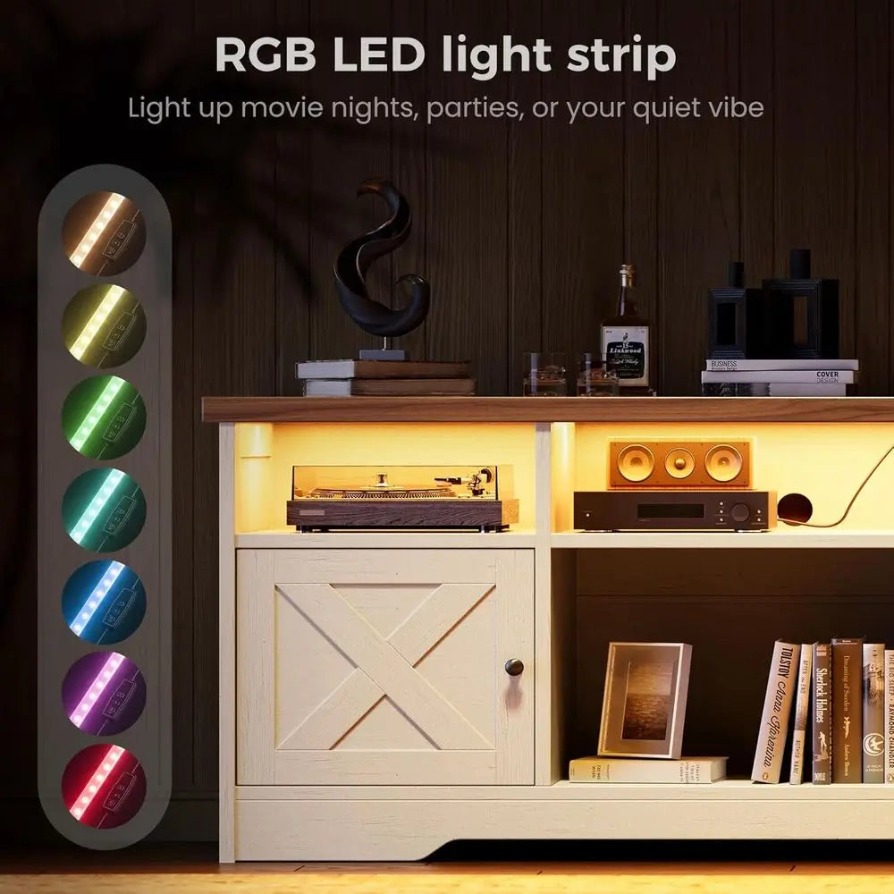 Modern LED TV Stand With Power Outlet And Storage Cabinet