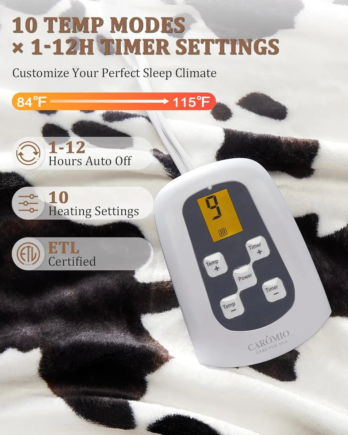 HiMISS Cow Print Heated Electric Blanket With LCD Controller