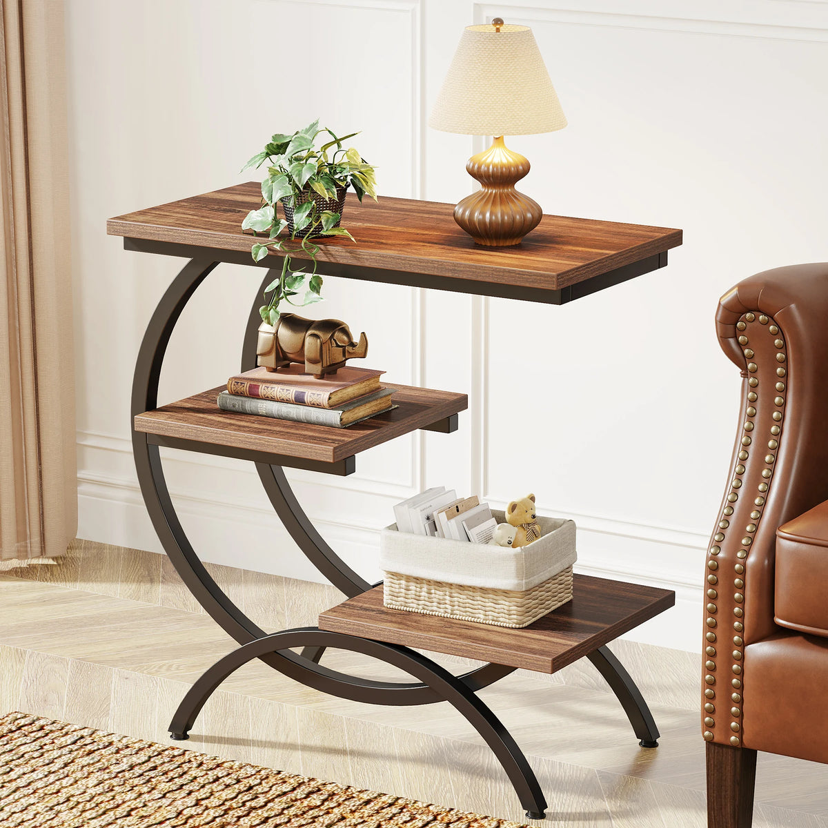Tribesigns C-Shaped Industrial End Table With Three Storage Shelves