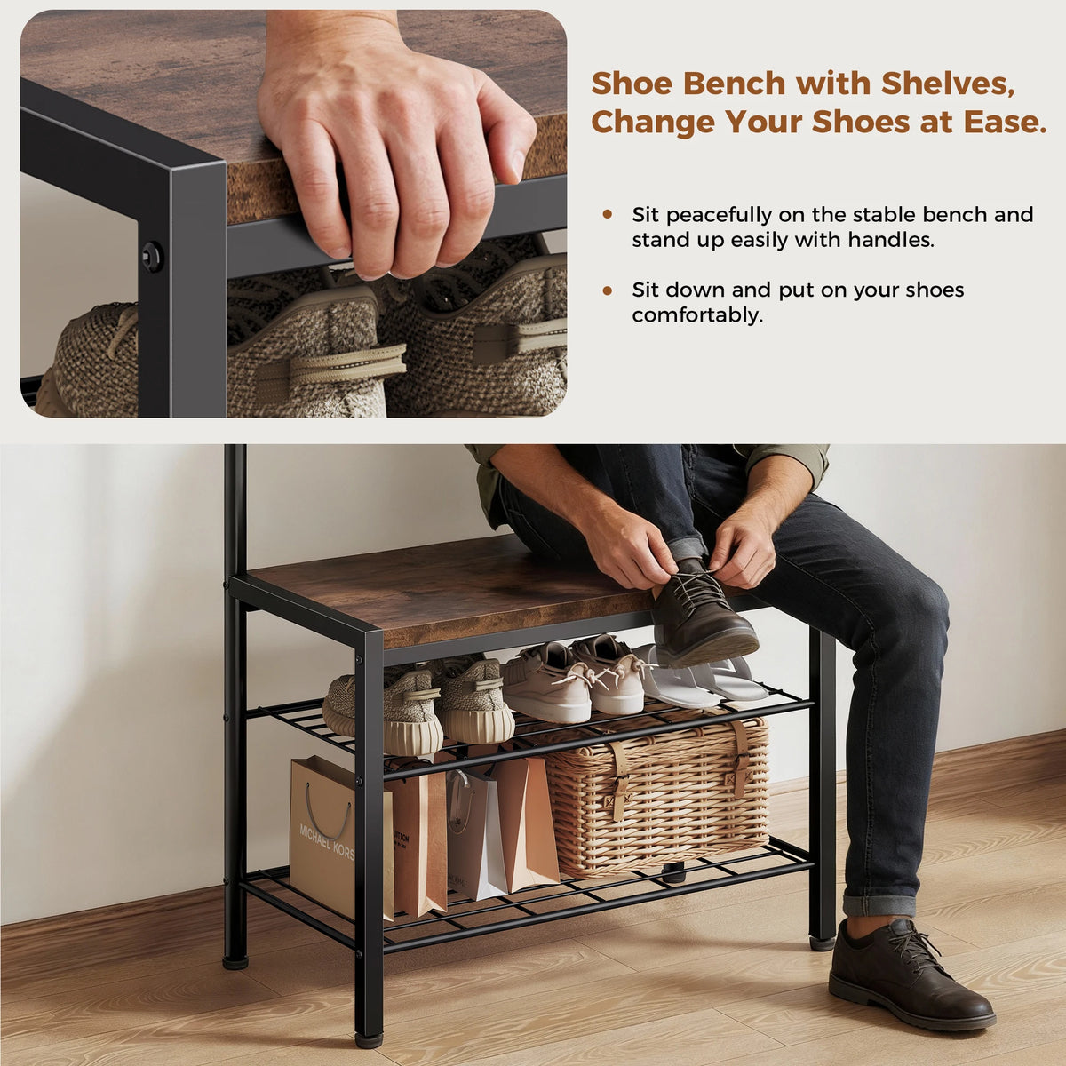 JHK Entryway Coat Rack Bench With Shoe Storage Organizer