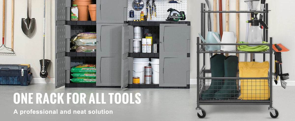 SucceBuy Garden Tool Organizer Rack With Hooks And Wheels