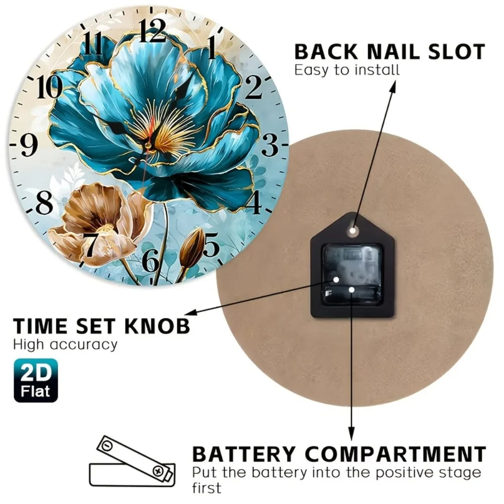 1pc Teal & Golden Botanical Wall Clock - Wood Round Nursery Clock Suitable for Nursery, Dining Room, Office Decor, Minimalist Sh
