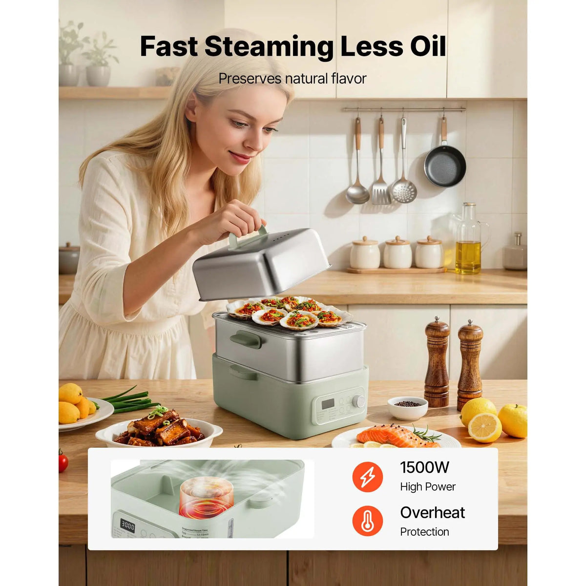 Electric Food Steamer With Two Tiers And Nine Cooking Programs