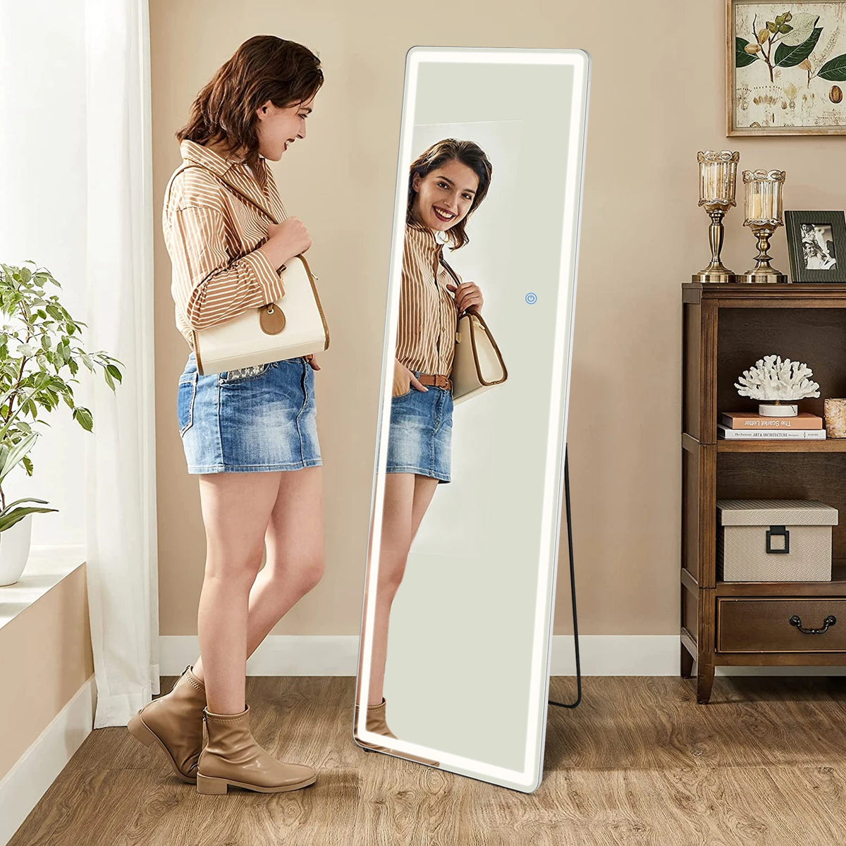 JHK Full Length Led Standing Mirror Wall Mounted Aluminum Frame
