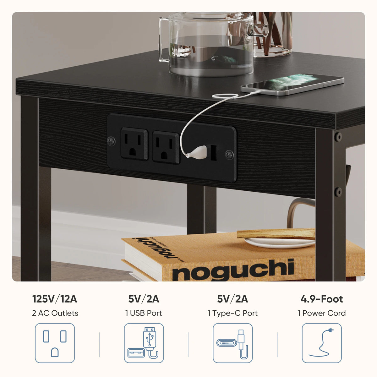 JHK Three Tier Side Table With Charging Station USB Ports