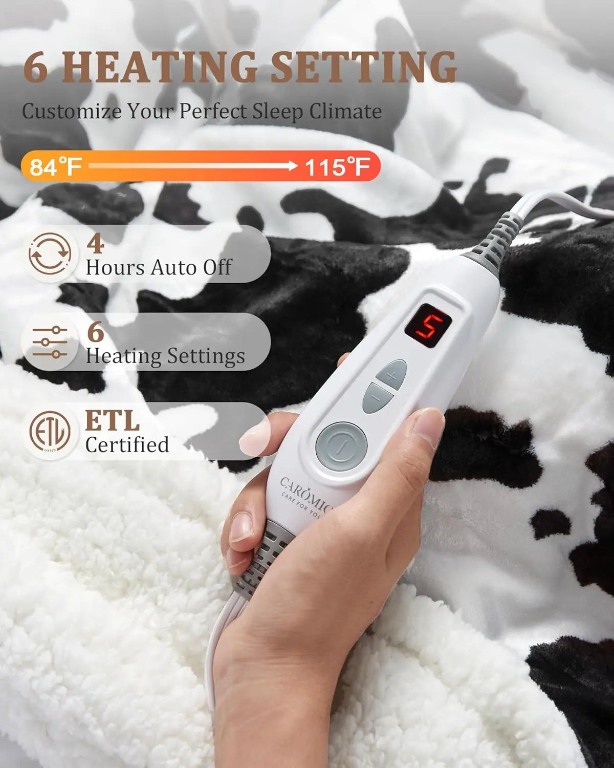 HiMISS Cow Print Heated Electric Blanket With LCD Controller