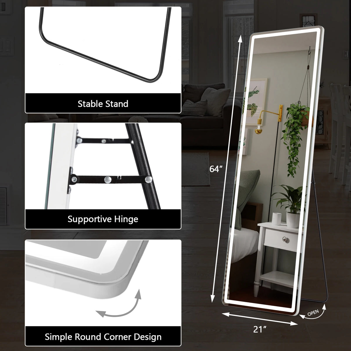 JHK Full Length Led Standing Mirror Wall Mounted Aluminum Frame