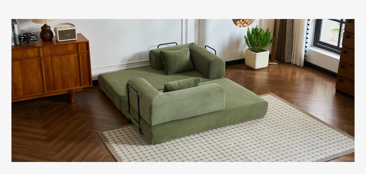 Modern Foldable Convertible Futon Sleeper Sofa With L Shaped Armrests