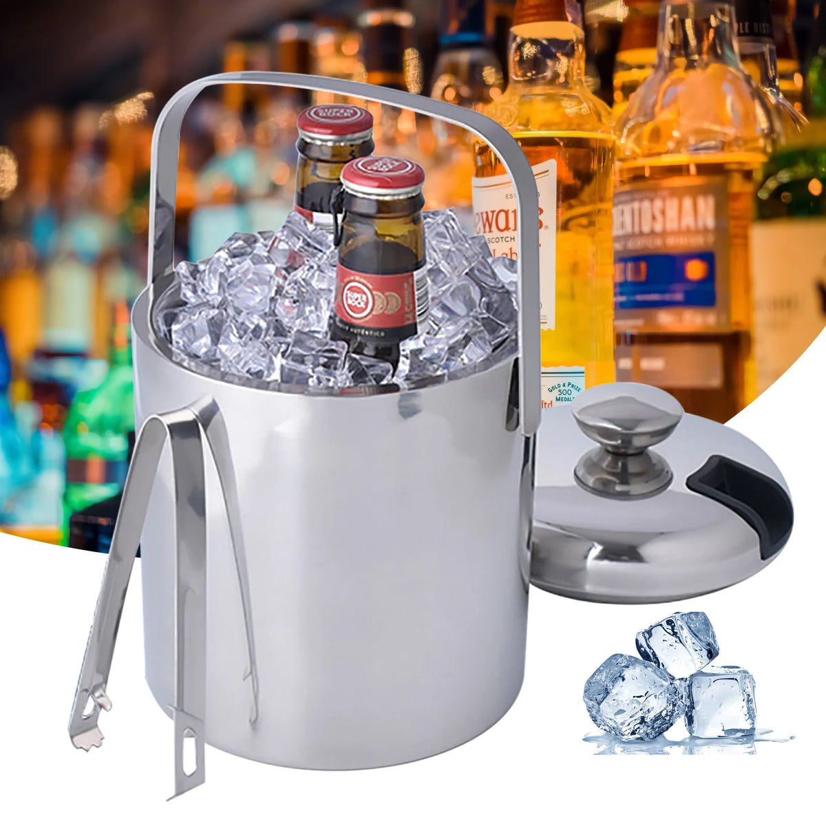 Double Wall Stainless Steel Ice Bucket With Tongs And Lid