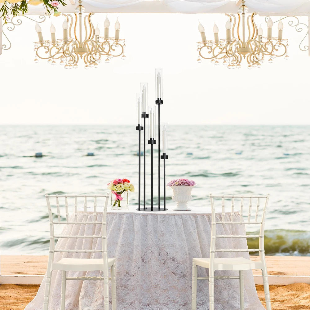 2PCS 39.8" Tall Matte Black Candelabra, 5 Arm Candle Holder with Acrylic Lampshade for Wedding Centerpiece Living Room Dining Room Fireplace Decor Gift