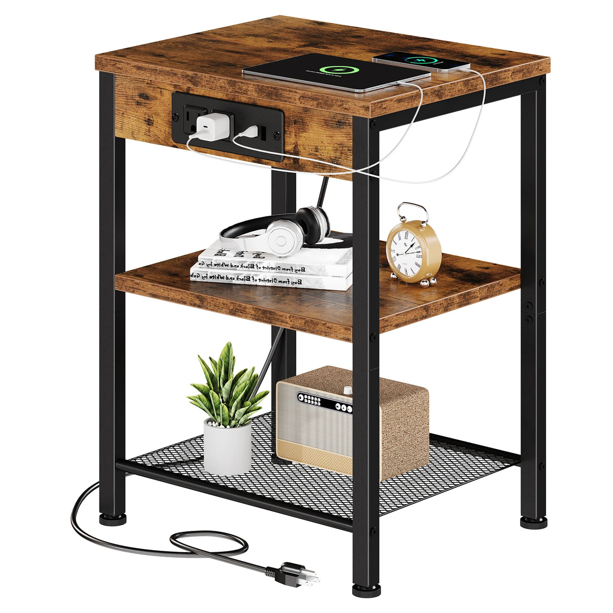 JHK Three Tier Side Table With Charging Station USB Ports