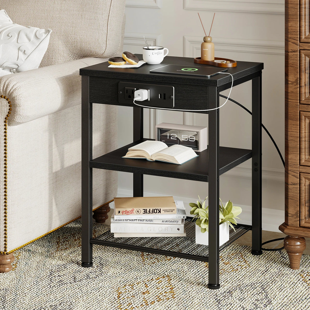 JHK Three Tier Side Table With Charging Station USB Ports