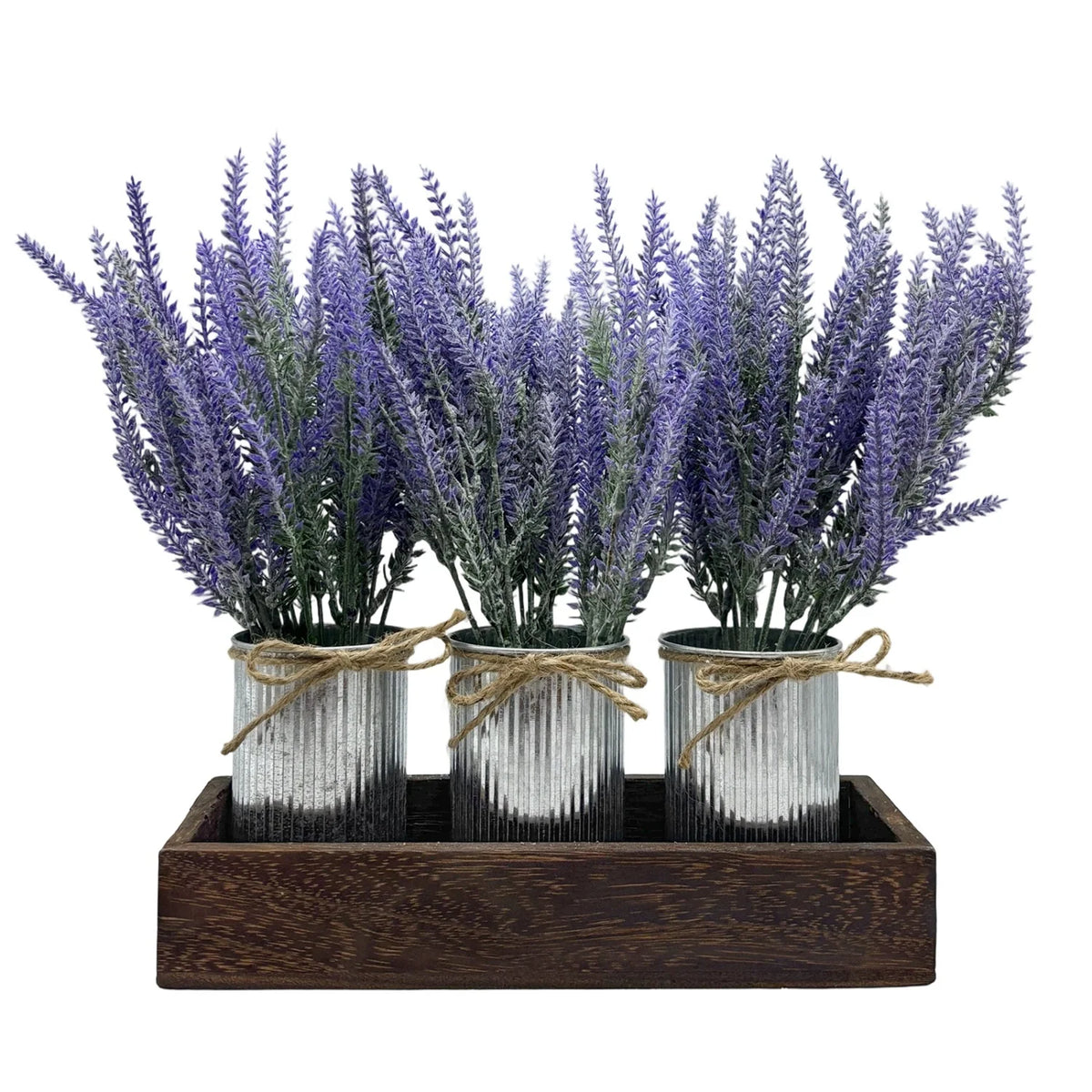 3-Piece Lavender Flowers Artificial with Decorative Wood Tray Set, Small Fake Lavender Plants in Galvanized Metal Pot, Faux Plant Dining Room Table Centerpiece for Kitchen, Coffee Table & Office