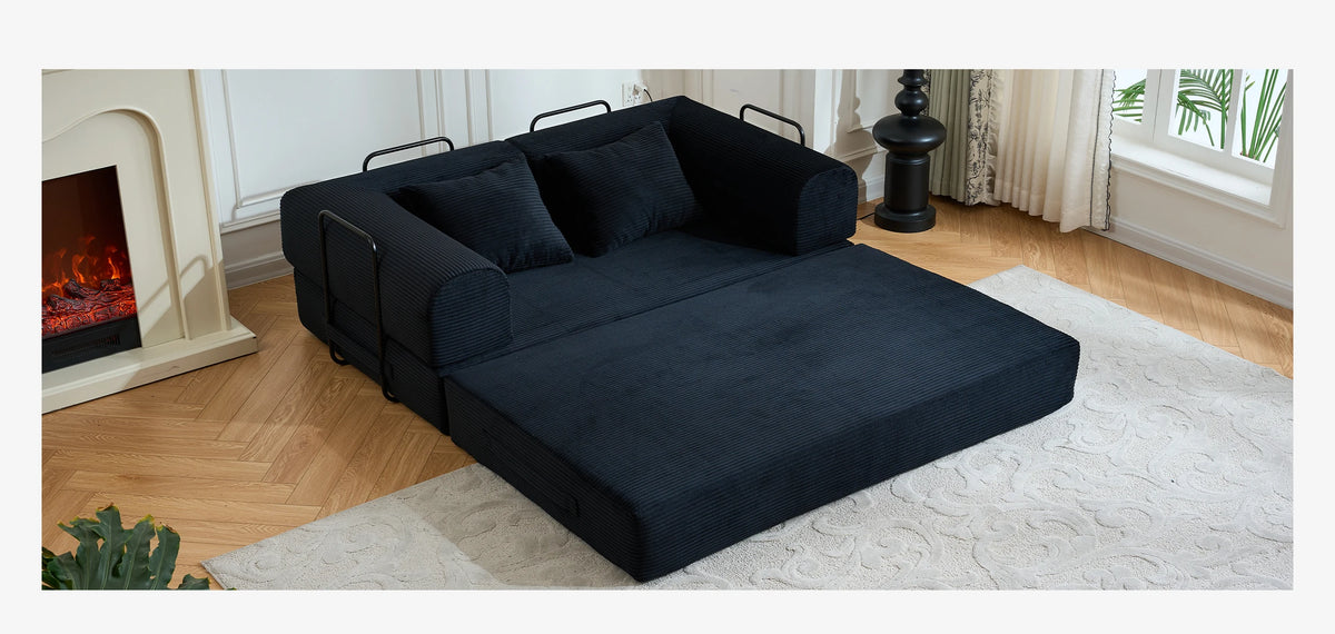 Modern Foldable Convertible Futon Sleeper Sofa With L Shaped Armrests