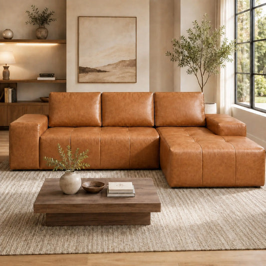 Cloud Sectional Sofa With Chaise And Faux Leather Couch