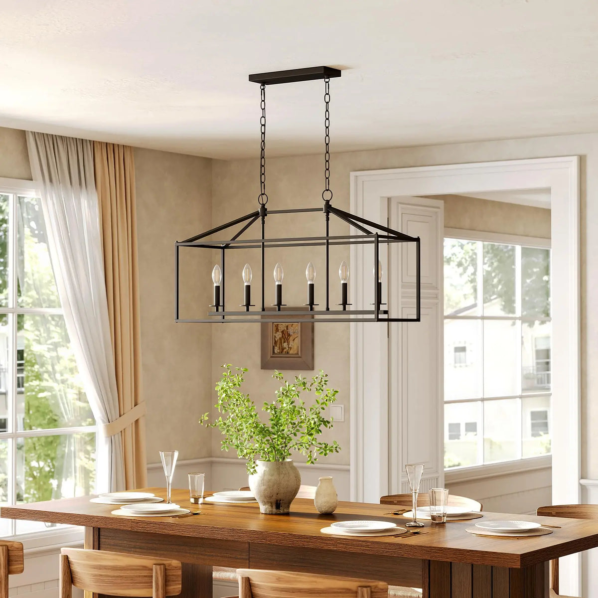 Tribesigns Farmhouse Dining Room Light Fixtures Over Table, 6-Light Kitchen Island Pendant Lighting with Adjustable Chain, Black