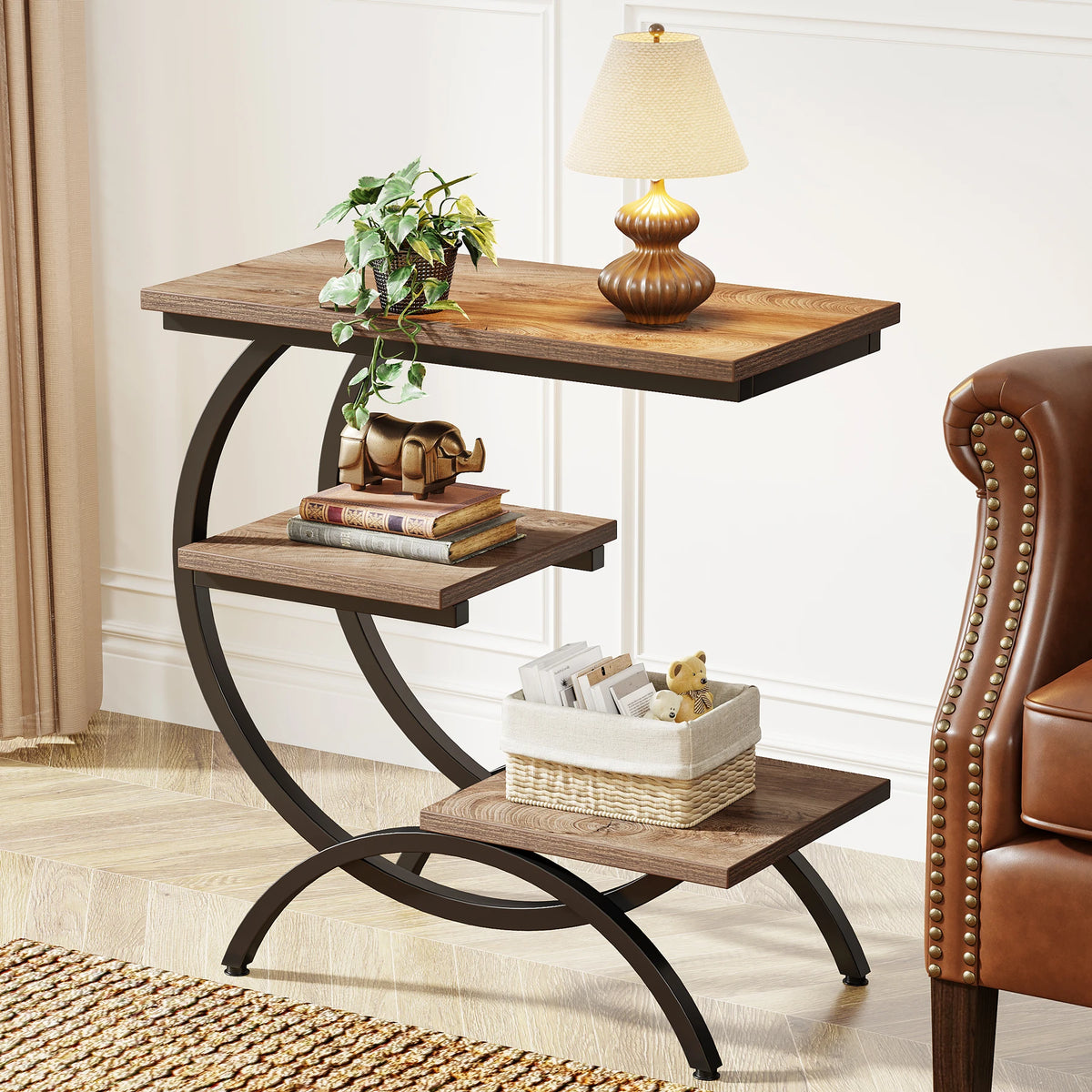 Tribesigns C-Shaped Industrial End Table With Three Storage Shelves